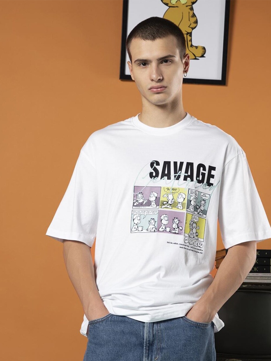 

Bewakoof X Garfield Printed Drop-Shoulder Sleeves Oversized Cotton T-Shirt, White