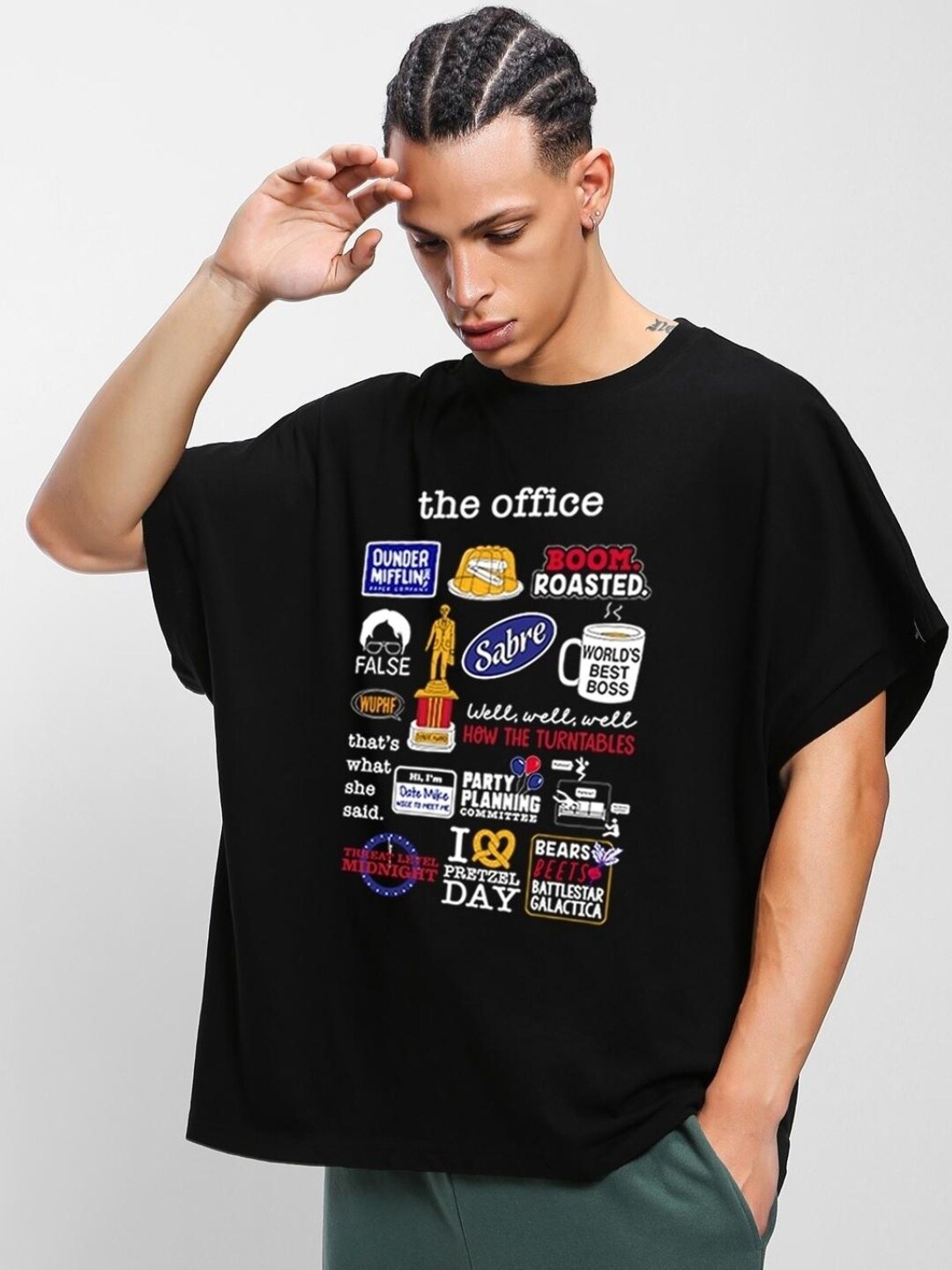 

Bewakoof x OFFICIAL THE OFFICE MERCHANDISE The Office Doodle Printed Boxy Fit T-Shirt, Black
