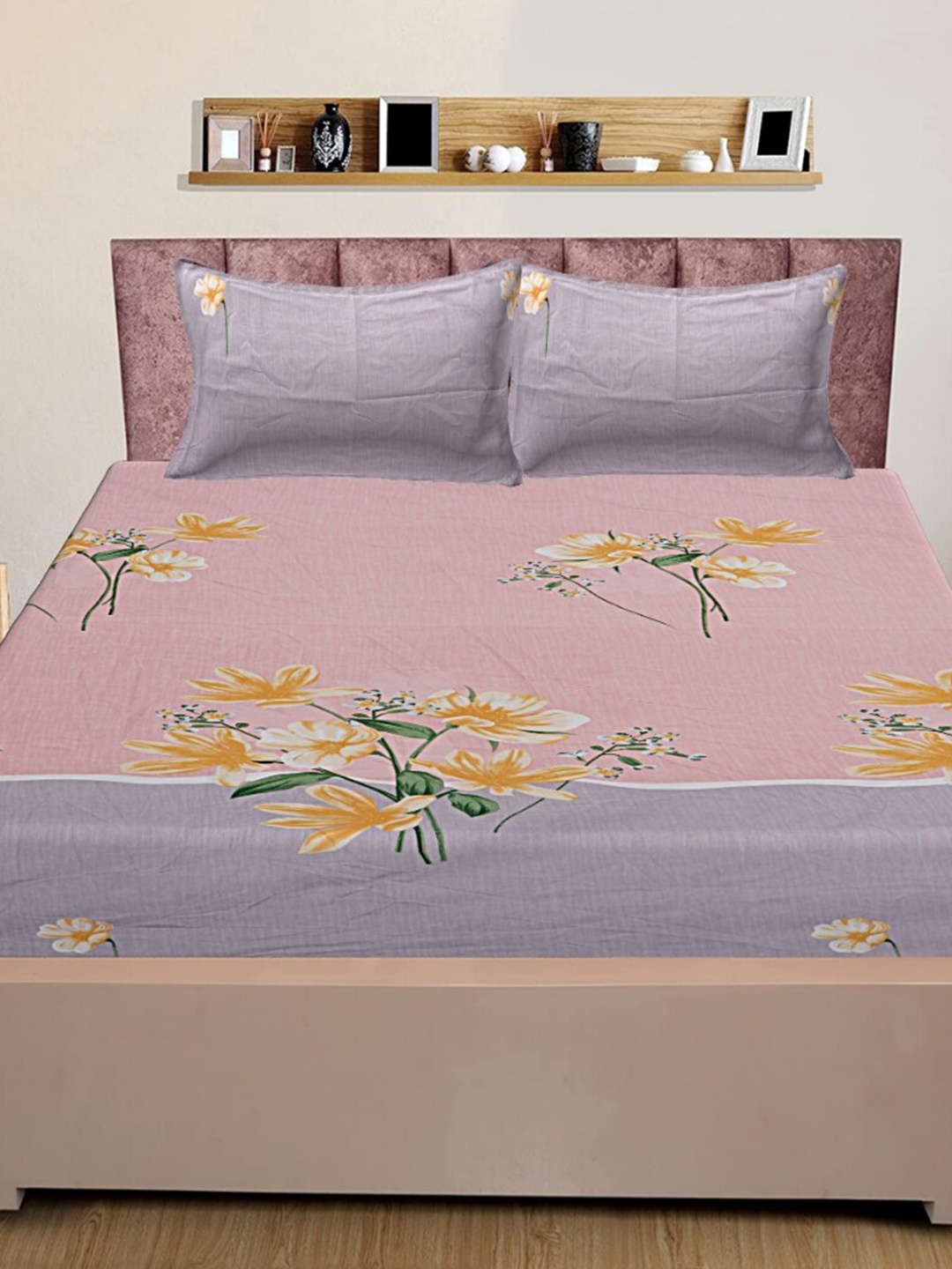 

INDHOME LIFE Peach-Coloured Floral 210 TC Cotton Fitted Queen Bedsheet & 2 Pillow Covers