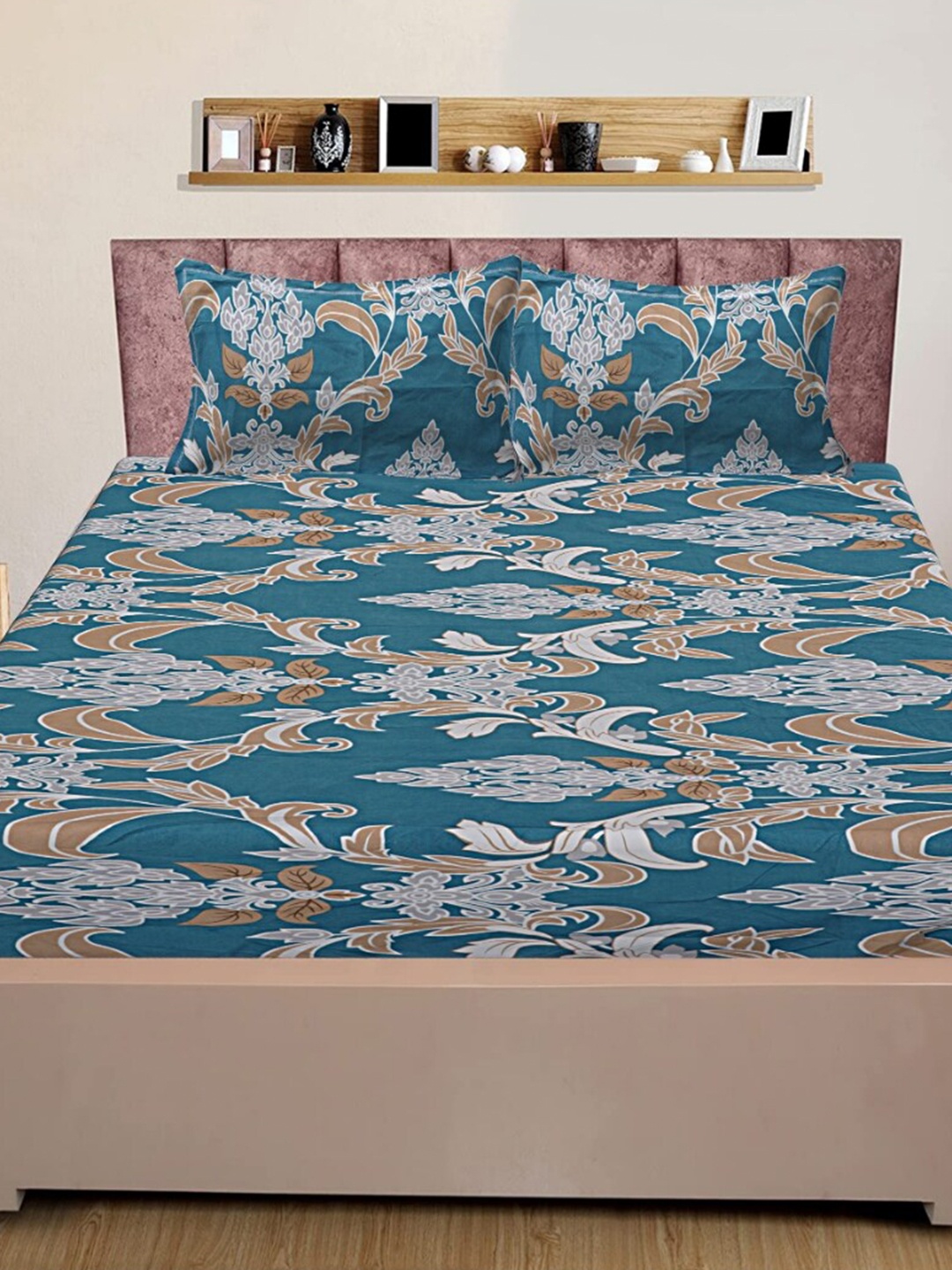 

INDHOME LIFE Green Floral 210 TC Pure Cotton Fitted Queen Bedsheet & 2 Pillow Covers
