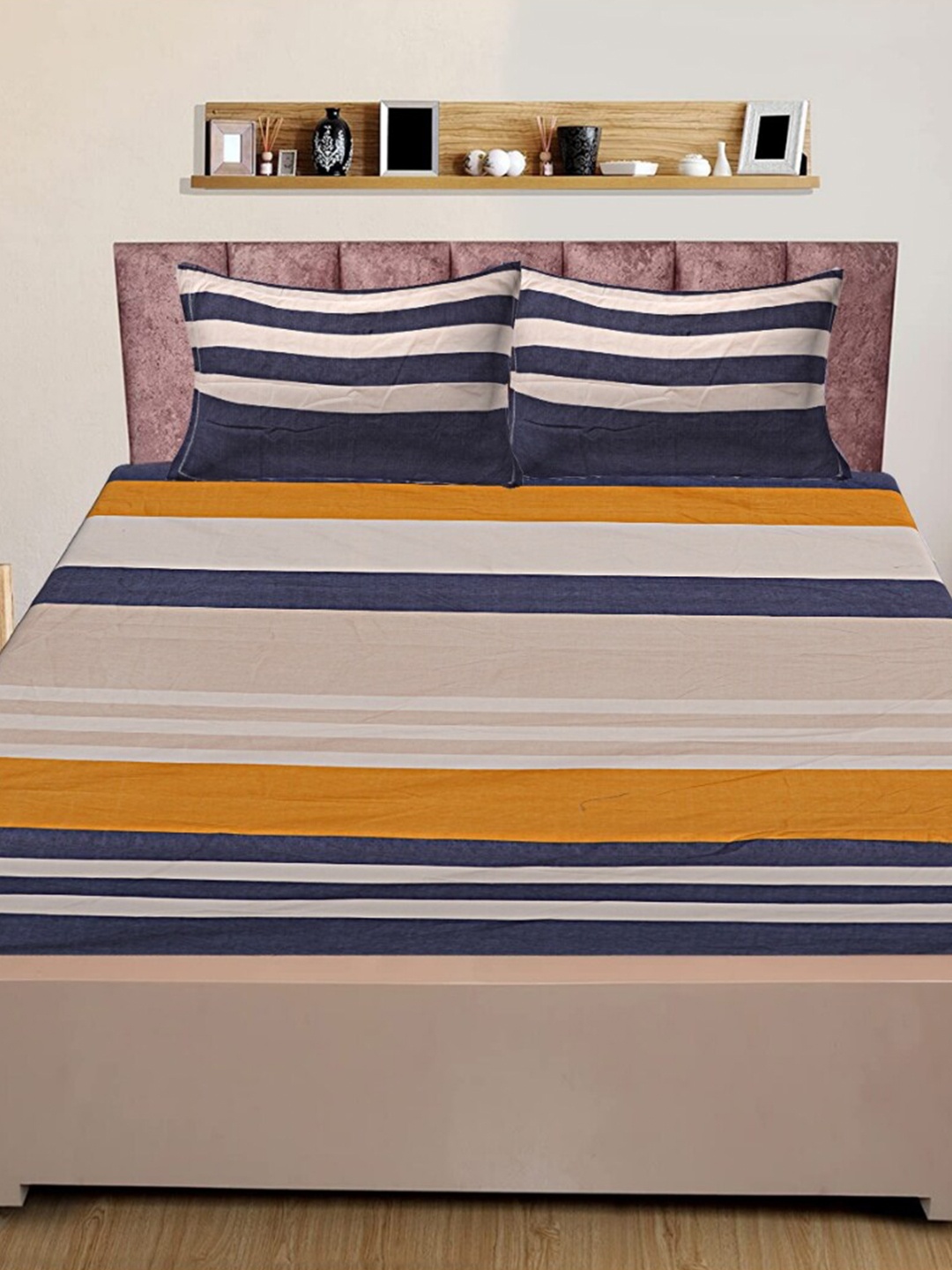 

INDHOME LIFE Beige Striped 210 TC Pure Cotton Fitted Queen Bedsheet & 2 Pillow Covers