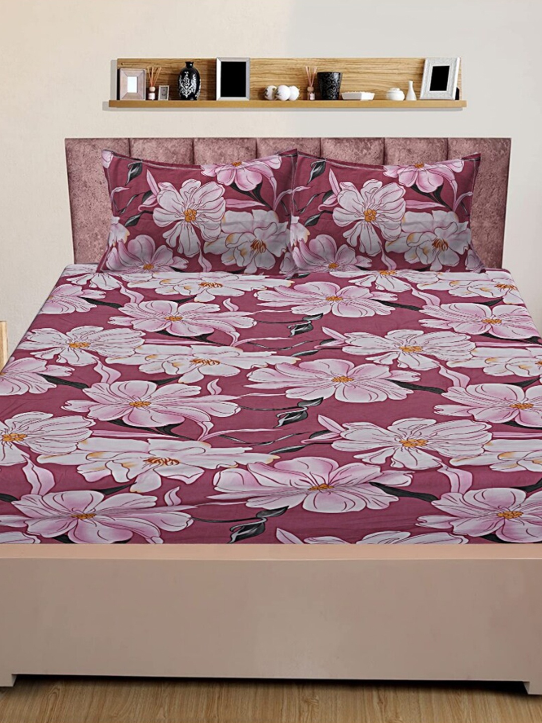 

INDHOME LIFE Pink Floral 210 TC Fitted Pure Cotton Queen Bedsheet & 2 Pillow Covers