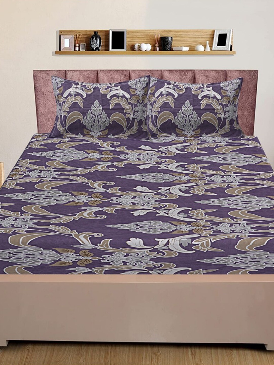 

INDHOME LIFE Purple Floral 210 TC Pure Cotton Fitted Queen Bedsheet & 2 Pillow Covers
