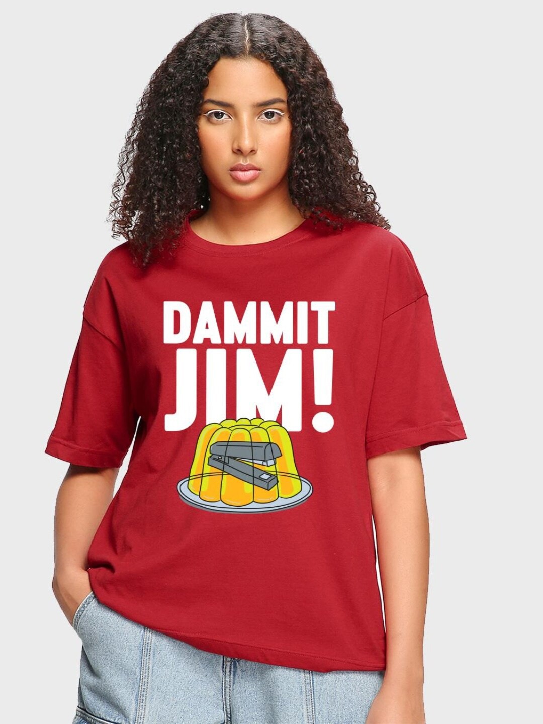 

Bewakoof x OFFICIAL THE OFFICE MERCHANDISE Dammit Jim Typography Printed Oversized T-shirt, Red