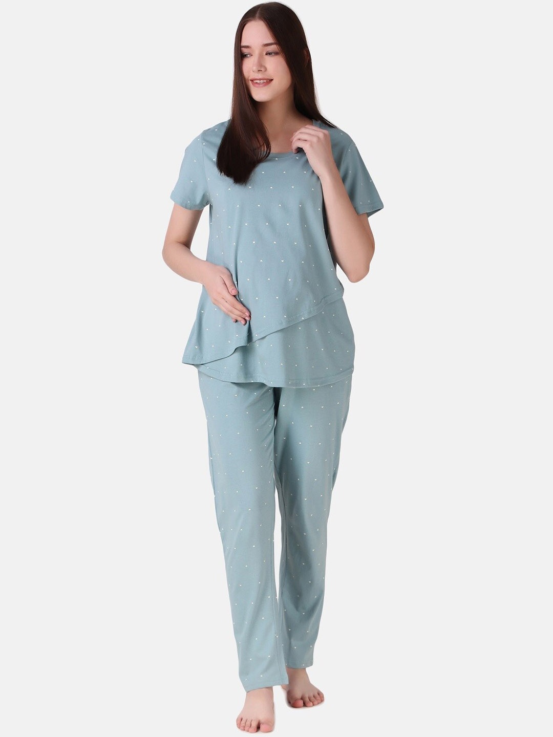 

Masha Conversational Printed Pure Cotton Maternity Night Suit, Turquoise blue