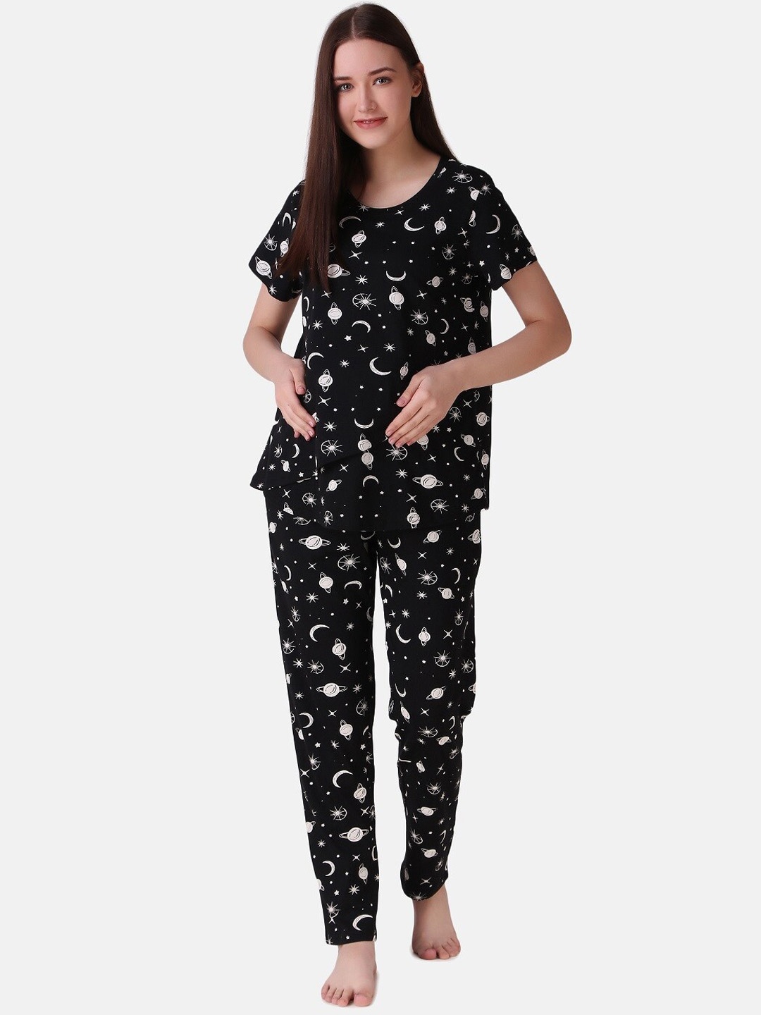 

Masha Conversational Printed Pure Cotton Maternity Night Suit, Black