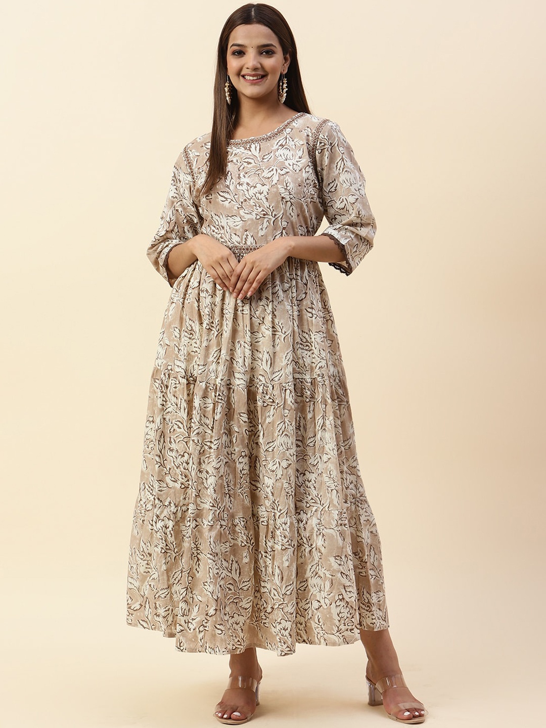 

Meena Bazaar Floral Printed Embellished Maxi Ethnic Dress, Brown