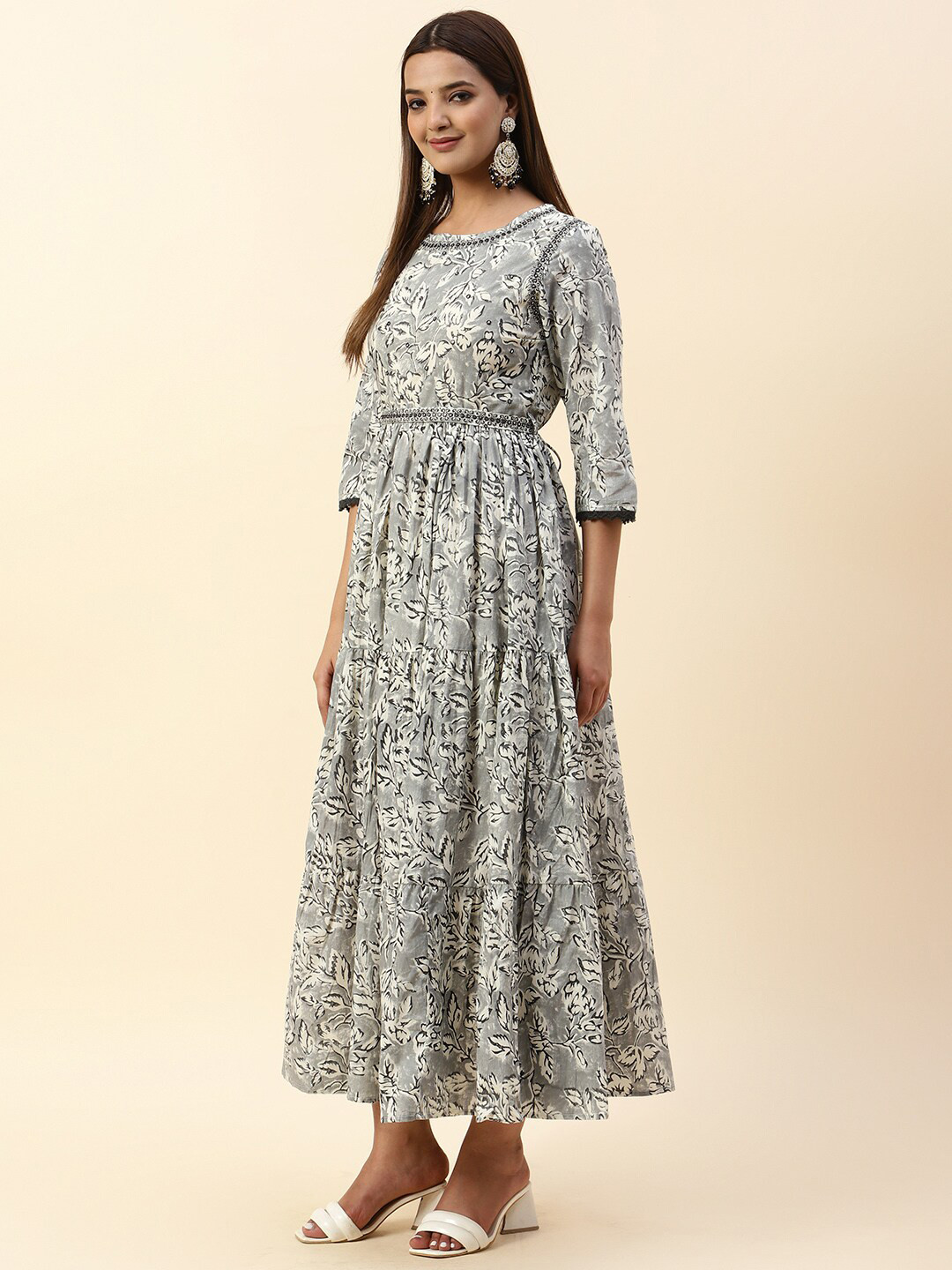 

Meena Bazaar Floral Printed Embellished Maxi Ethnic Dress, Grey