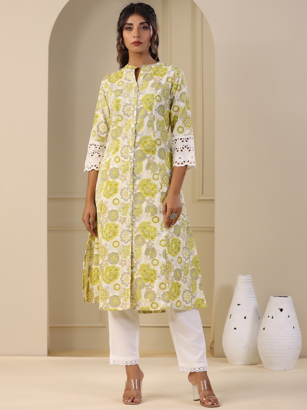 

Meena Bazaar Floral Printed Pure Cotton Kurta, Mustard