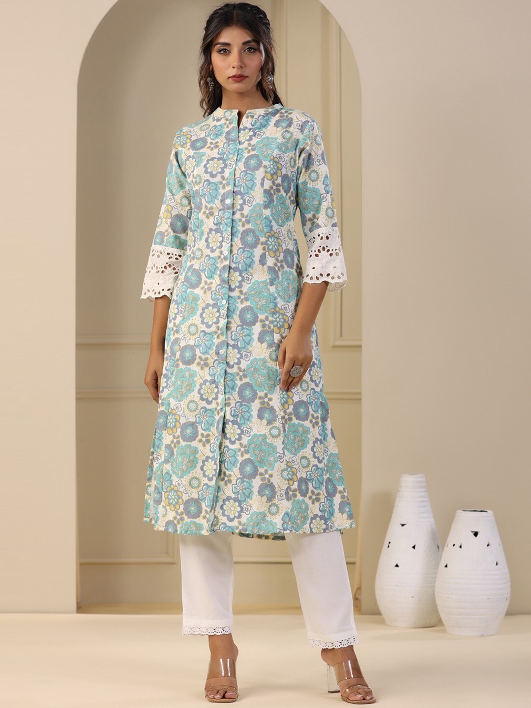 

Meena Bazaar Floral Printed Pure Cotton Kurta, Sea green