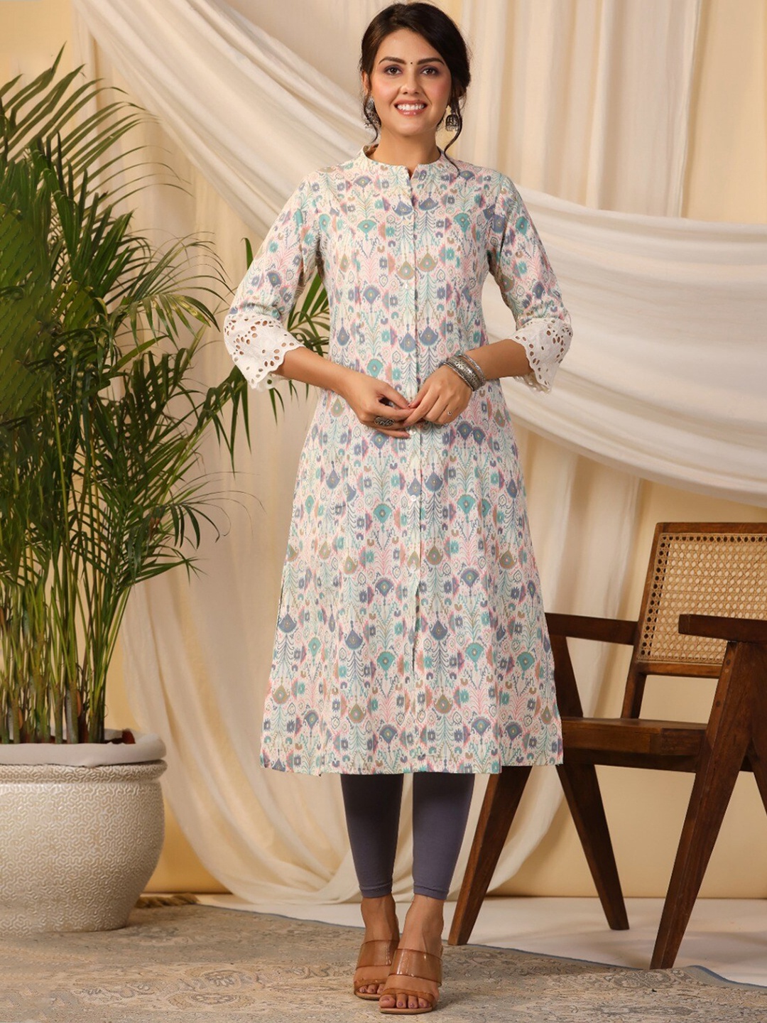 

Meena Bazaar Ethnic Motifs Printed Pure Cotton A-Line Kurta, Cream