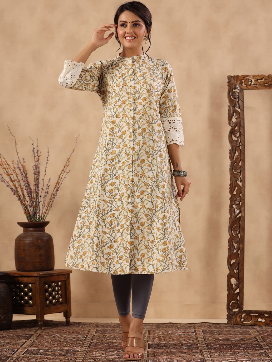 

Meena Bazaar Mandarin Collar Floral Printed Pure Cotton A-Line Kurta, Mustard