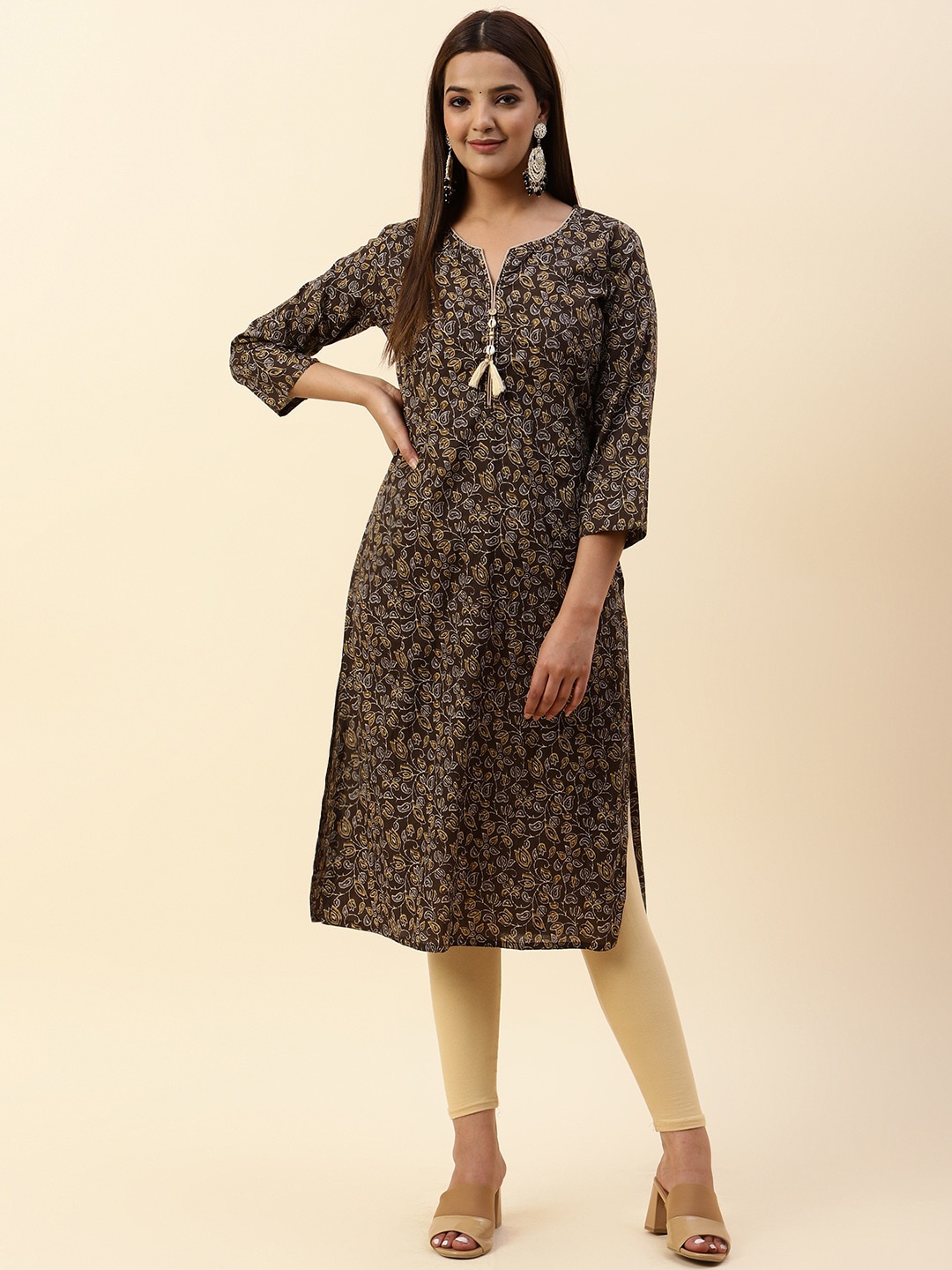 

Meena Bazaar Notched Neck Floral Printed Straight Pure CottonKurta, Coffee brown