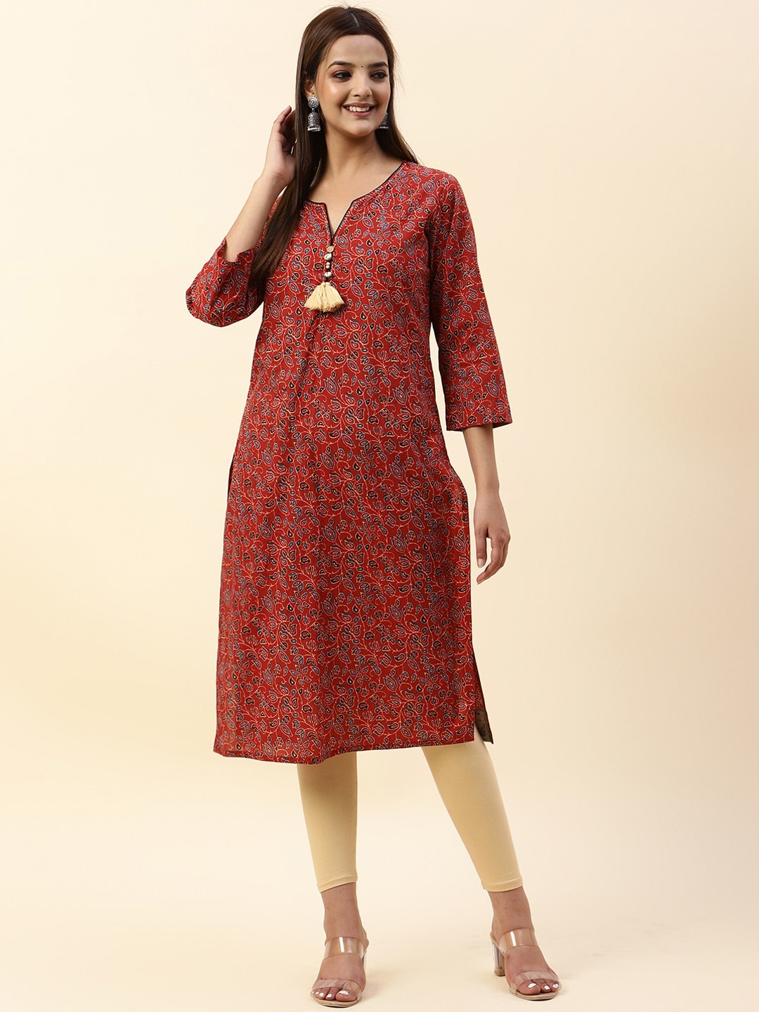 

Meena Bazaar Ethnic Motifs Printed Notched Neck Cotton Kurta, Red