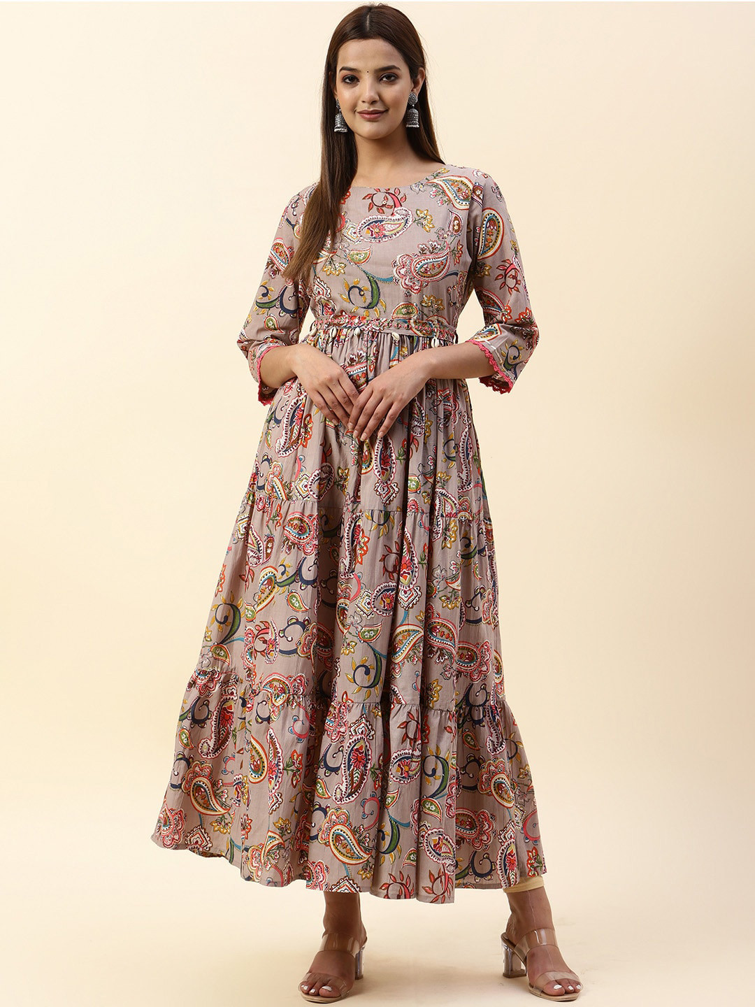 

Meena Bazaar Paisley Printed Sequinned Mirror work Tiered Pure Cotton Anarkali Kurta, Grey
