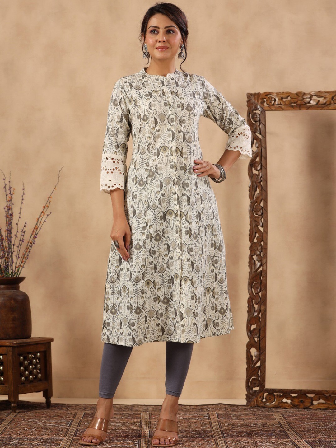 

Meena Bazaar Ethnic Motifs Printed Cotton A-Line Kurta, Cream