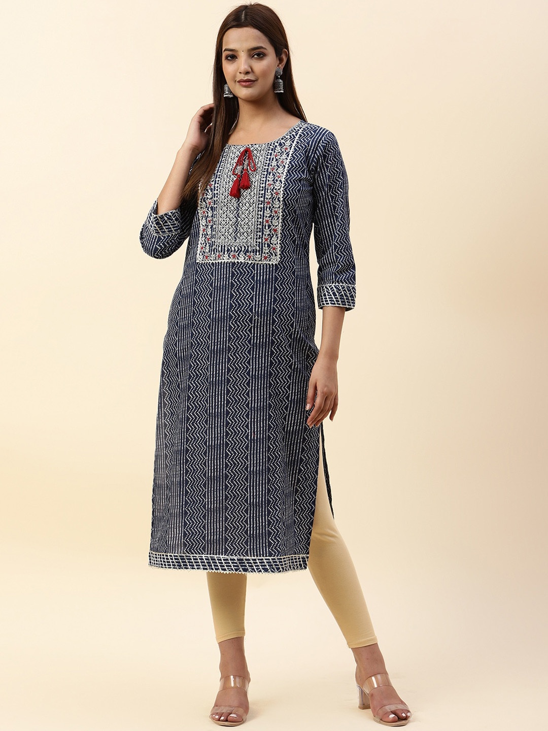 

Meena Bazaar Bandhani Printed Thread Work Pure Cotton Kurta, Navy blue