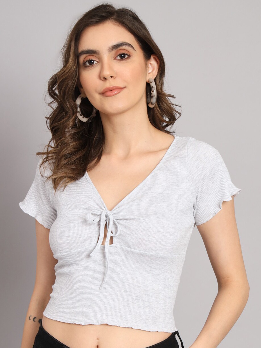 

BROOWL V-Neck Tie Front Lettuce Trim Fitted Crop Top, Grey