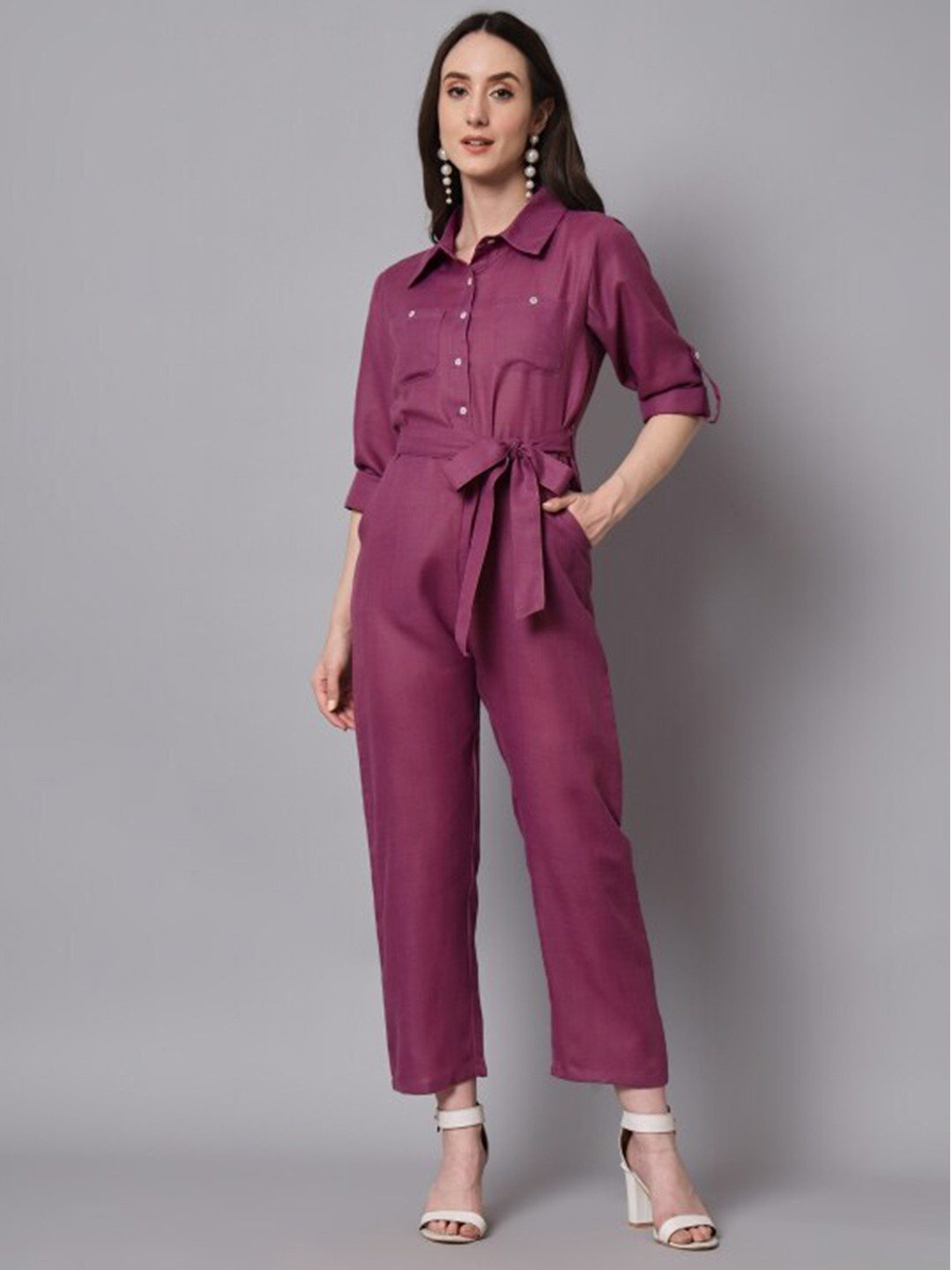 

The Dry State Purple Shirt Collar Waist Tie Up Cotton Basic Jumpsuit