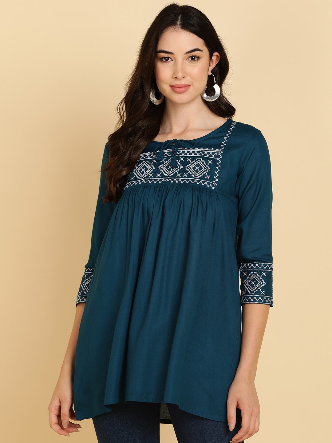 

MissKurti Embroidered Tie-Up Neck Tunic, Blue