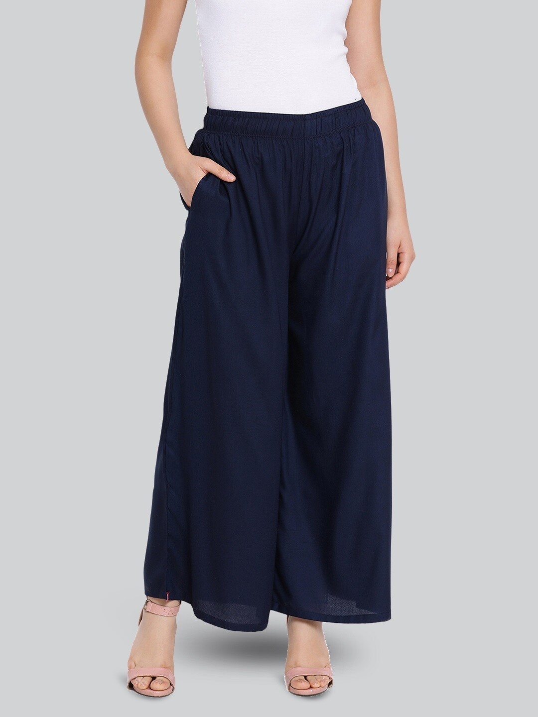 

LYRA Women Flared Woven Cotton Palazzos, Navy blue