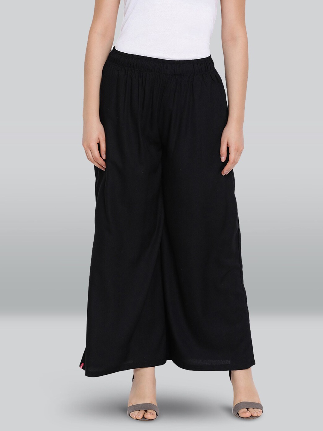 

LYRA Women Flared Woven Cotton Palazzos, Black