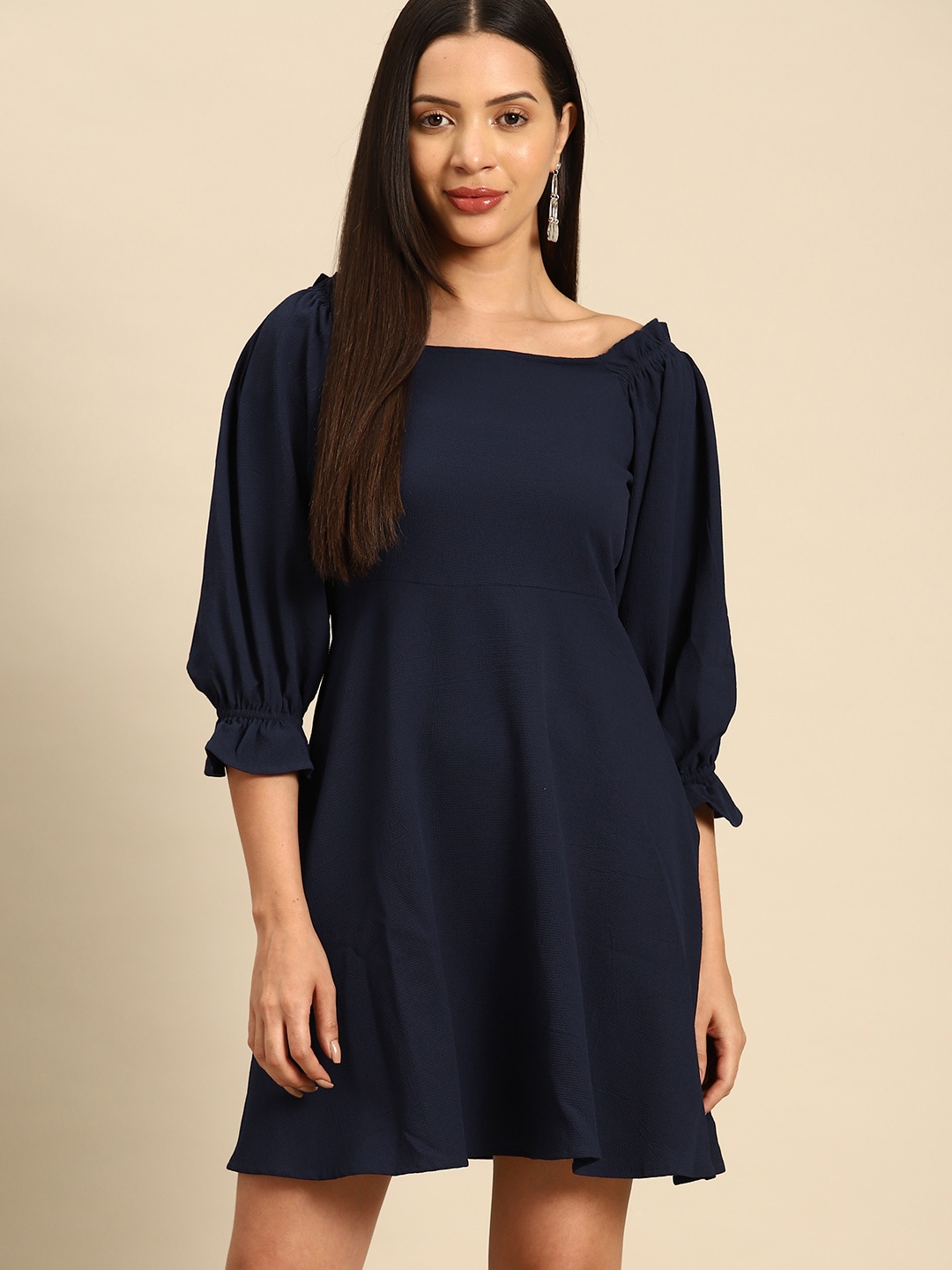 

DENNISON Puff Sleeve Crepe Empire Dress, Navy blue