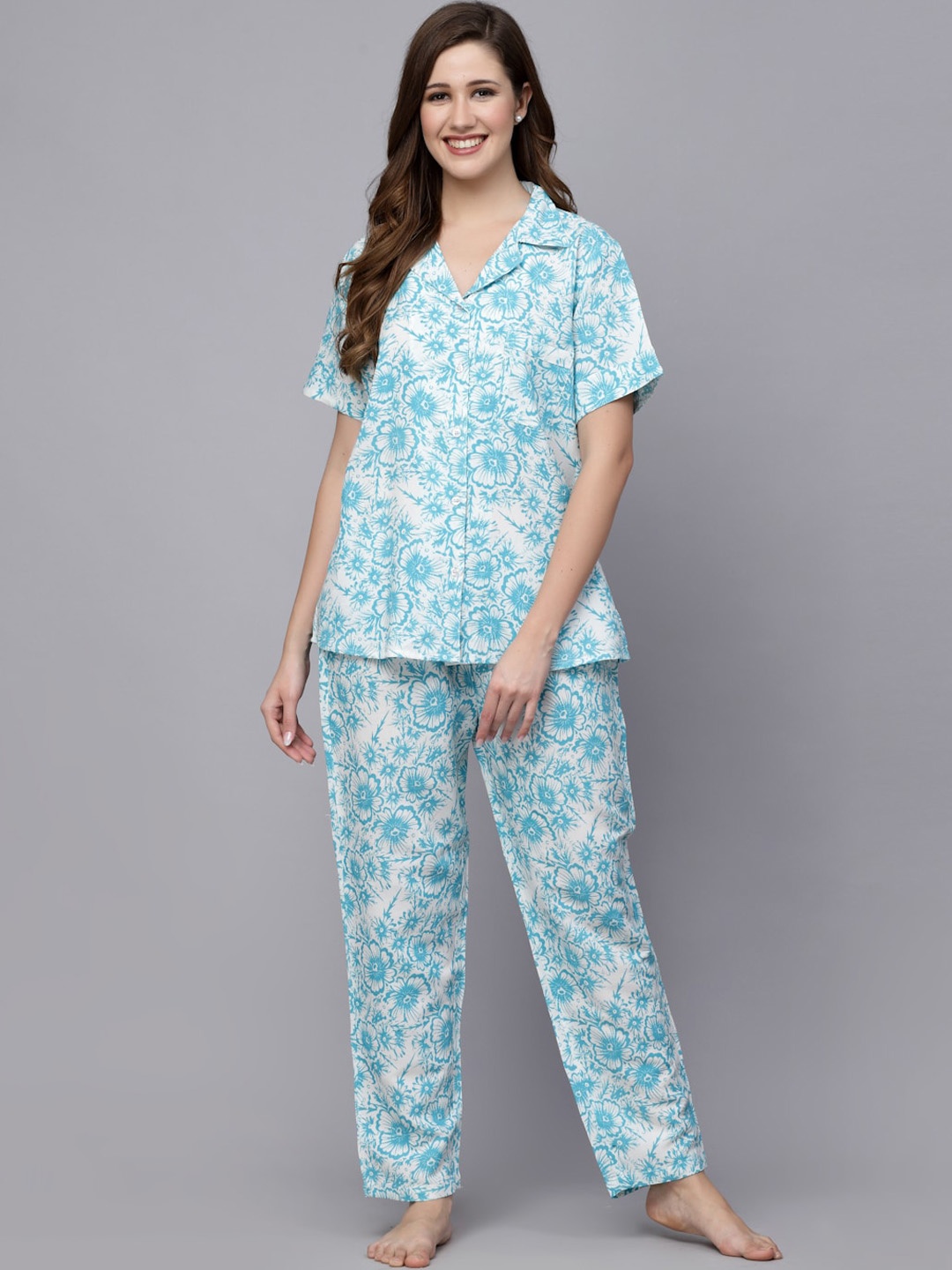 

Stylum White & Turquoise Blue Floral Printed Night Suit