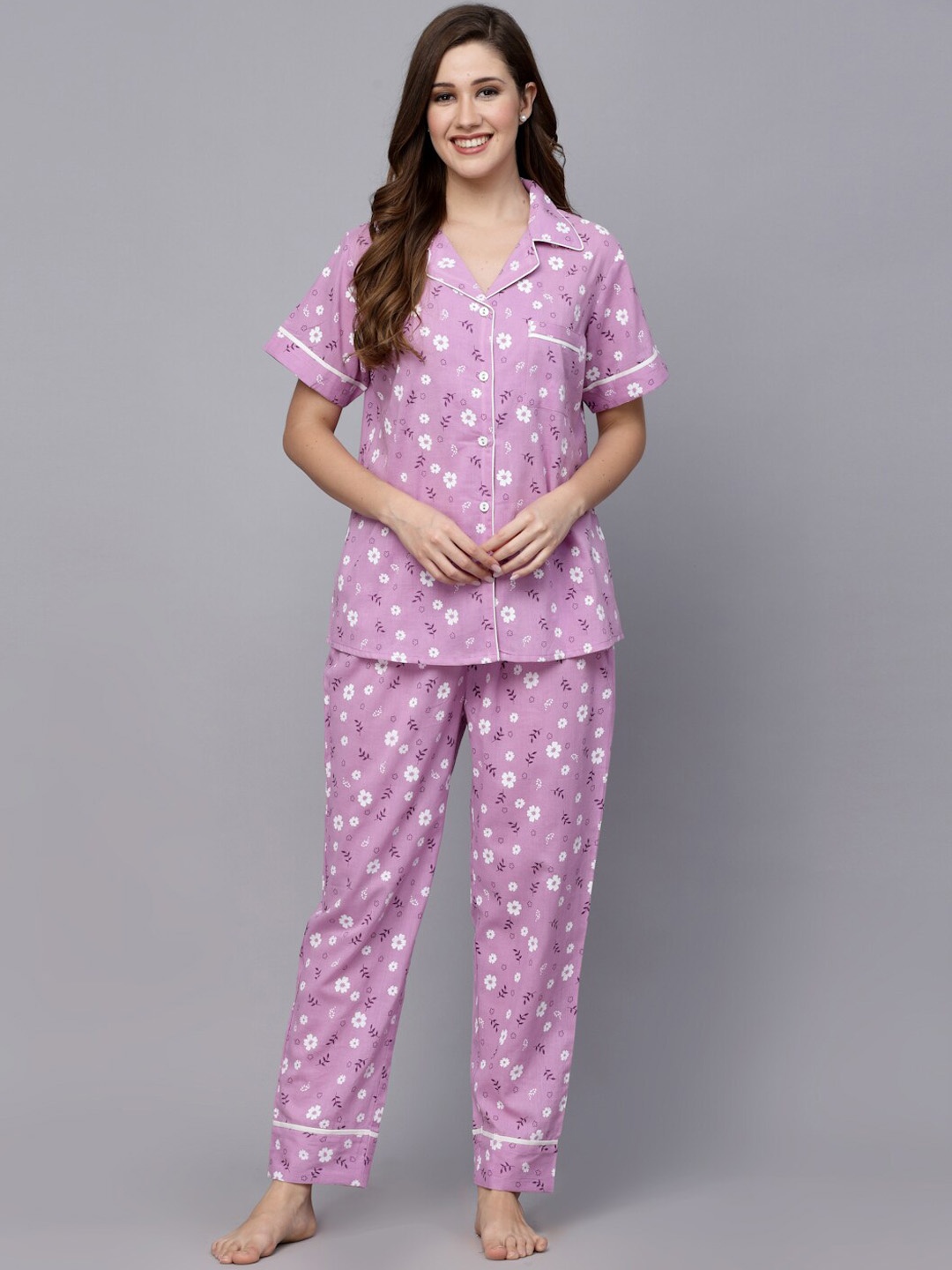 

Stylum Lavender & White Floral Printed Pure Cotton Night Suit