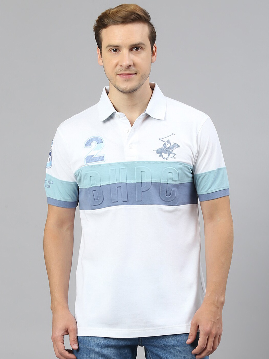 

Beverly Hills Polo Club Colourblocked Polo Collar Pure Cotton T-Shirt, White