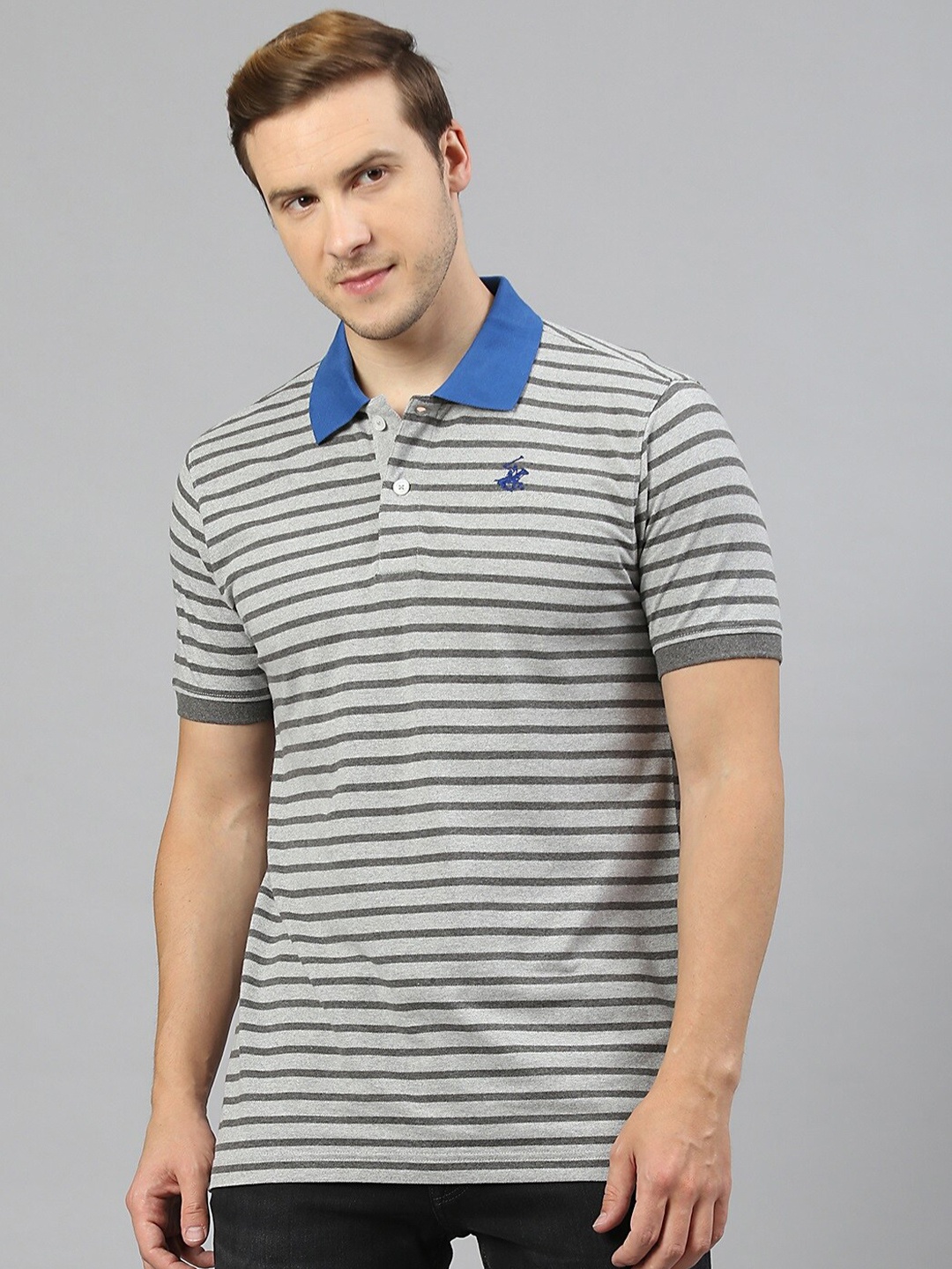 

Beverly Hills Polo Club Striped Polo Collar T-Shirt, Grey