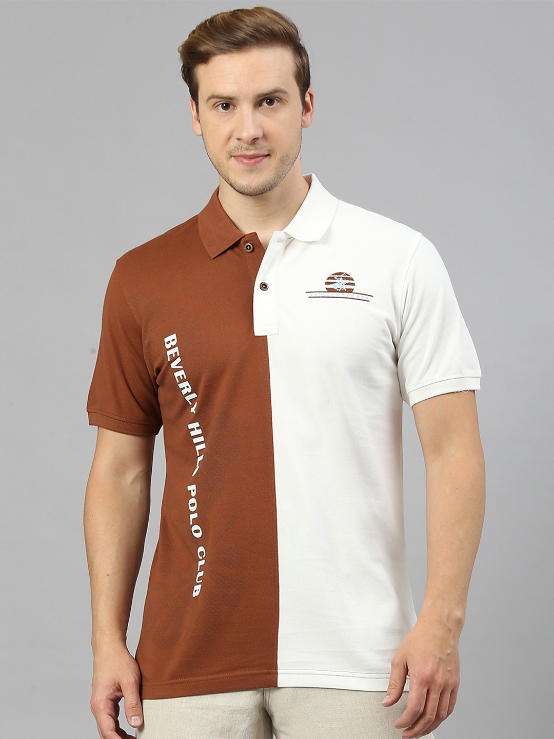 

Beverly Hills Polo Club Colourblocked Polo Collar Pure Cotton T-Shirt, Brown
