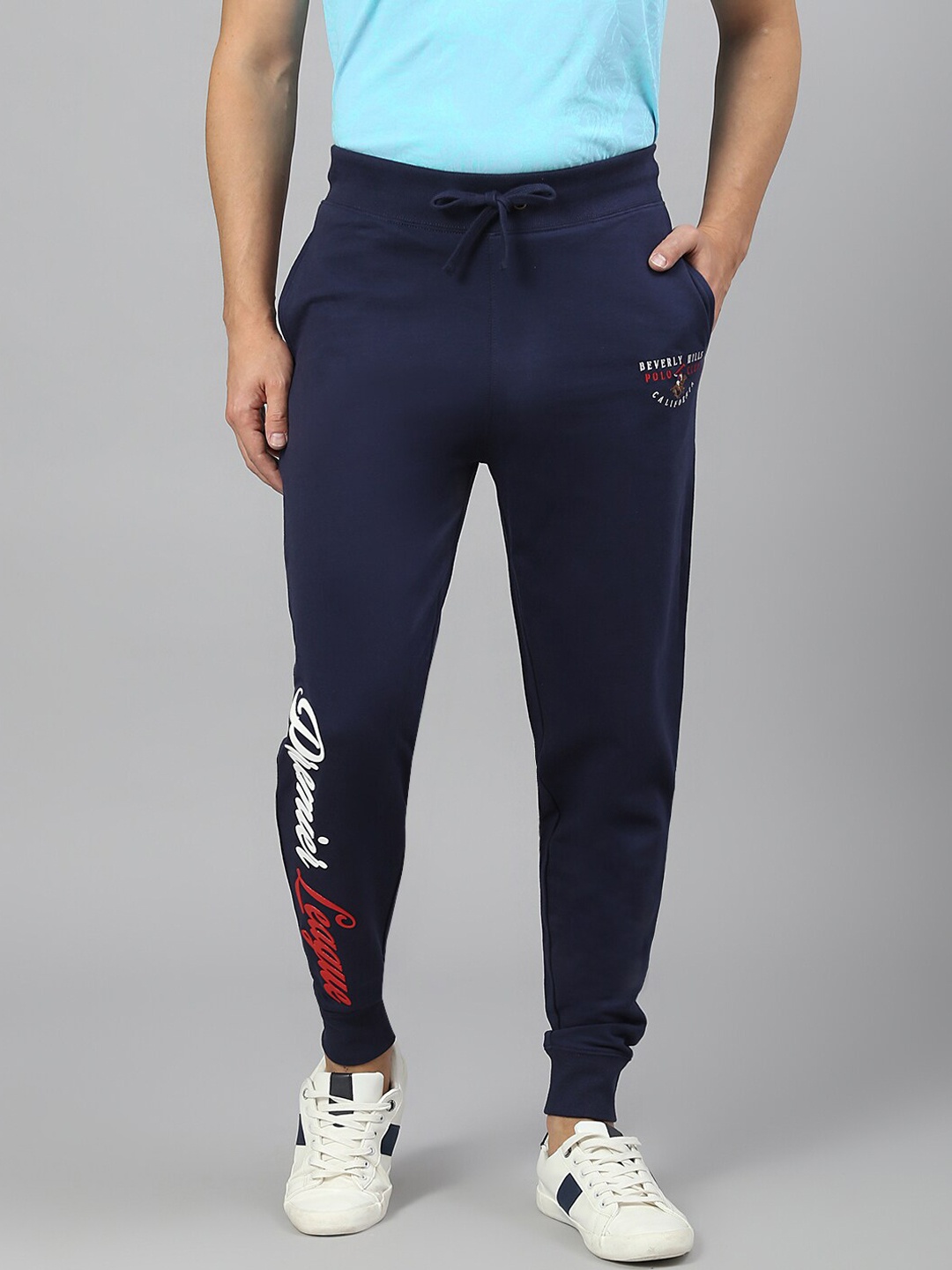 

Beverly Hills Polo Club Men Typography Printed Pure Cotton Joggers, Navy blue