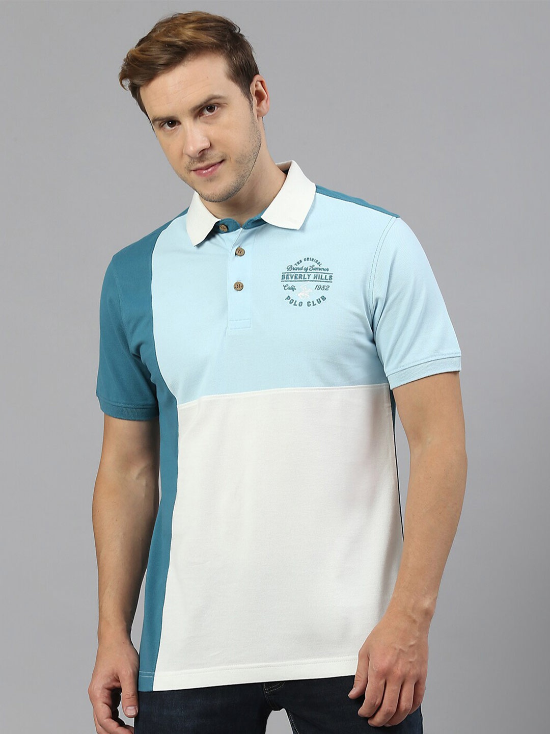 

Beverly Hills Polo Club Colourblocked Polo Collar Pure Cotton T-Shirt, Blue