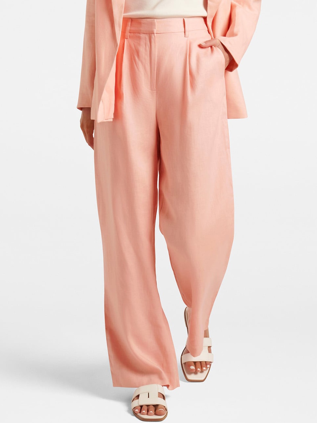 

Forever New Women High-Rise Pure Linen Parallel Trousers, Peach