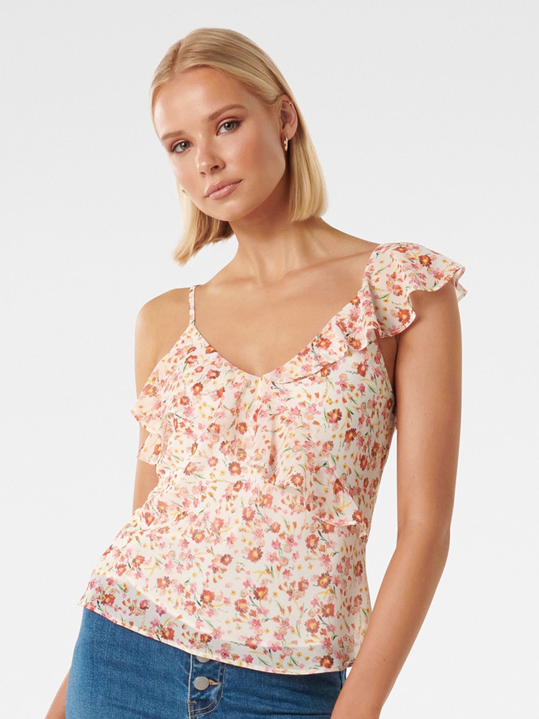 

Forever New Floral Printed Shoulder Straps Regular Top, White