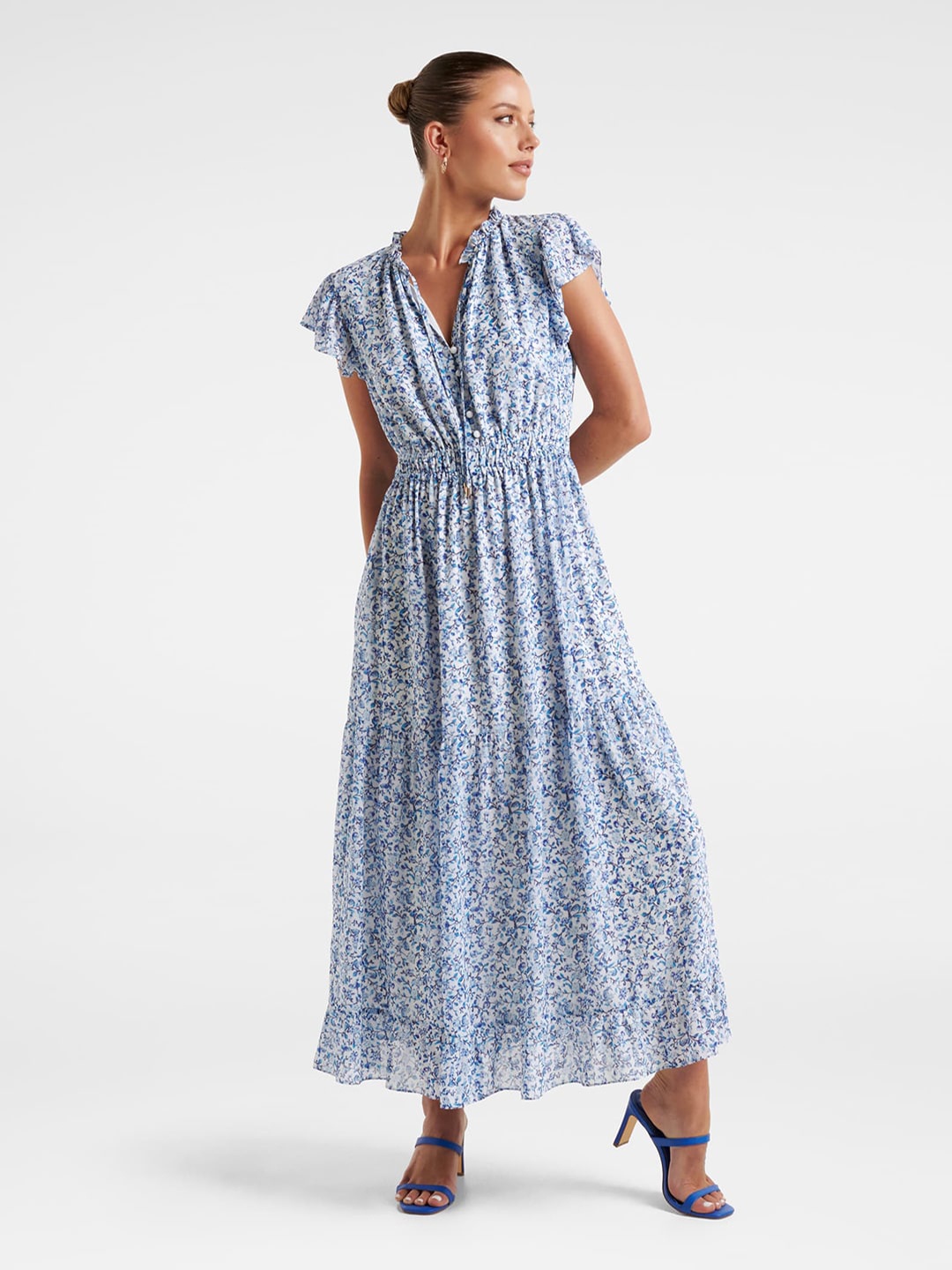 

Forever New Floral Printed Flutter Sleeves Tiered Fit & Flare Maxi Dress, White
