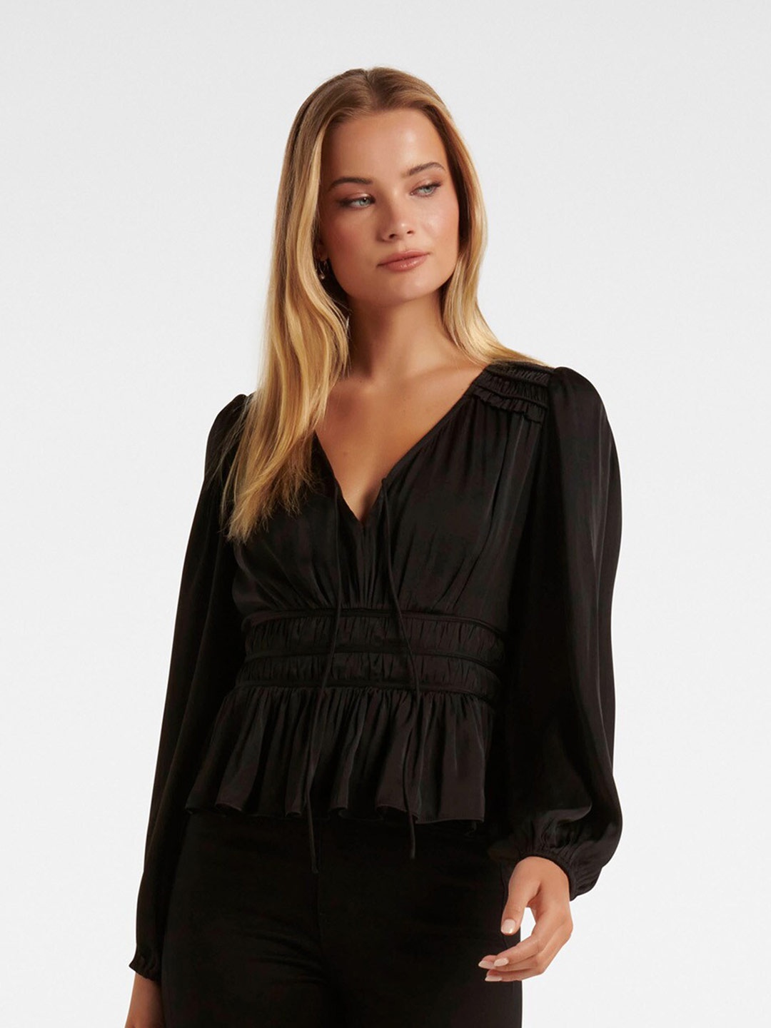 

Forever New Tie-Up Neck Puff Sleeve Cinched Waist Top, Black