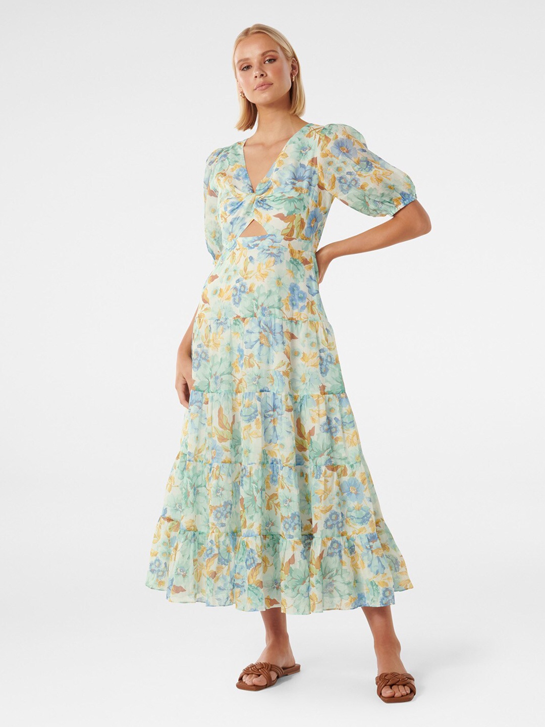 

Forever New Floral Printed Cut-Out Tiered Fit & Flare Midi Dress, Green