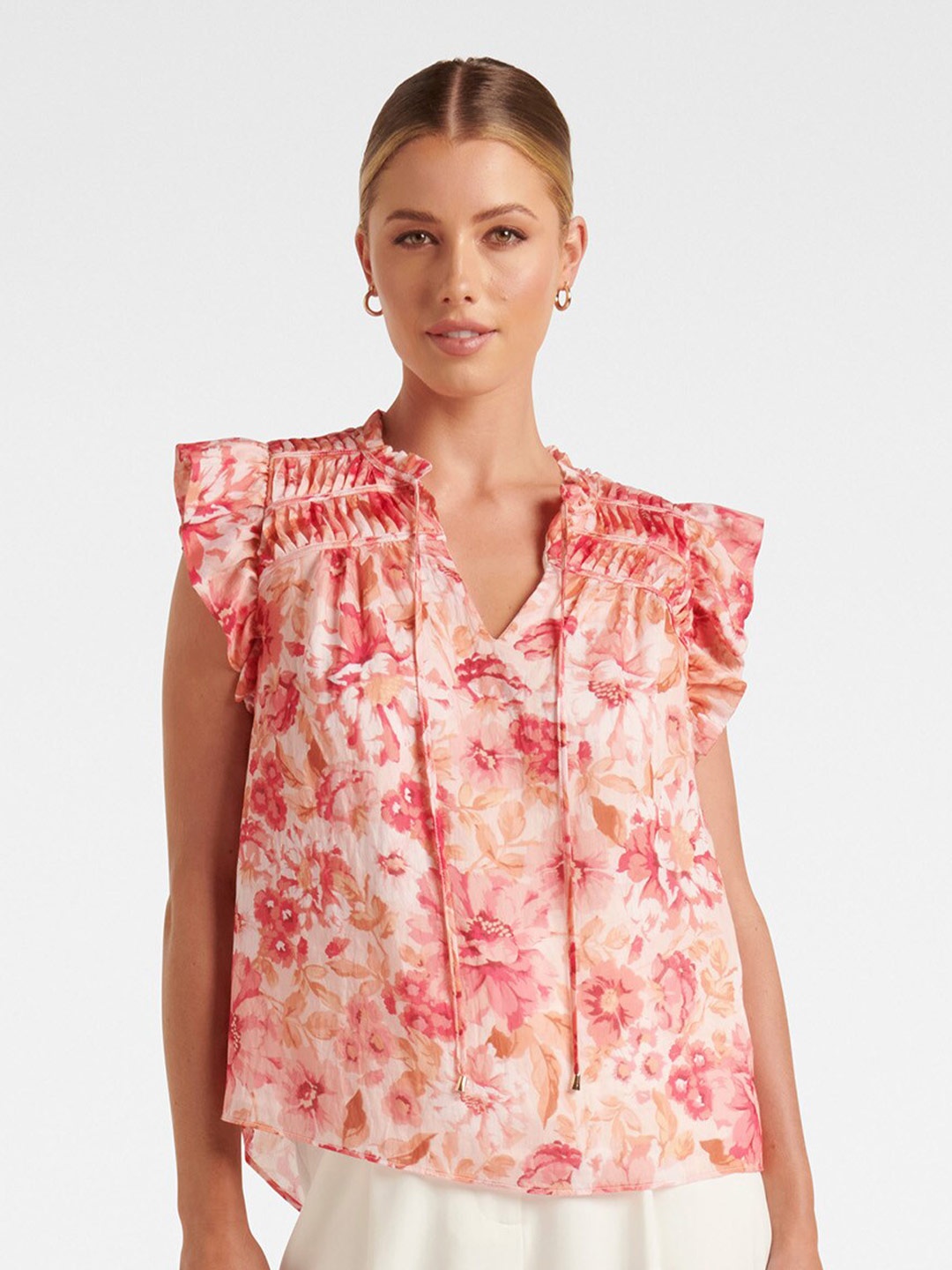 

Forever New Floral Printed Tie-Up Neck Flutter Sleeve Top, Coral