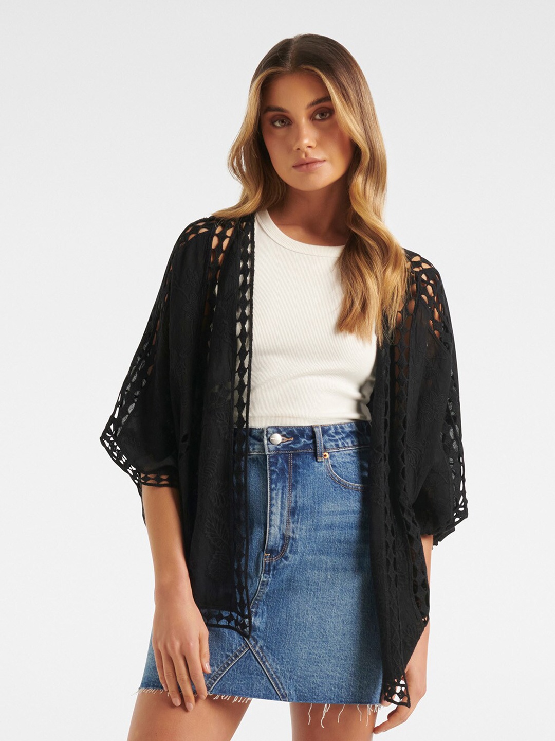 

Forever New Self Design Kimono Sleeves Cut Out Kaftan Top, Black