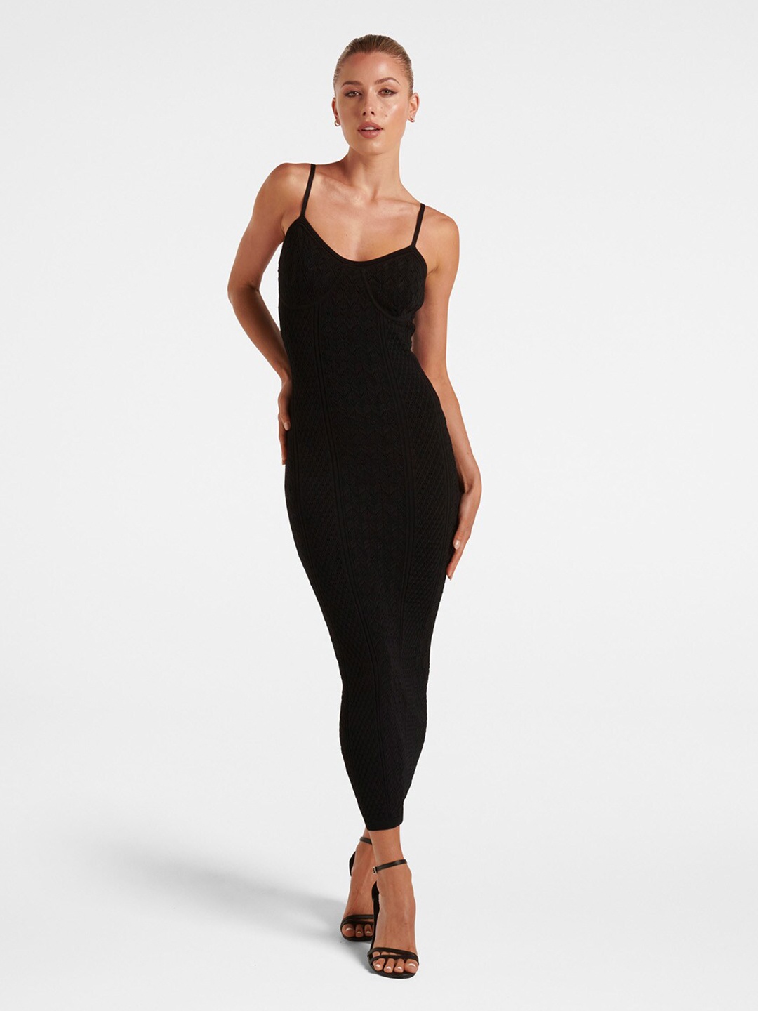 

Forever New Self Design Shoulder Strap Bodycon Maxi Dress, Black