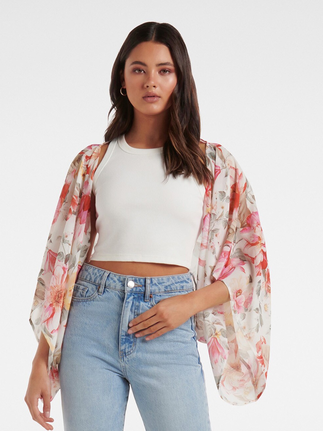 

Forever New Floral Printed Open Front Flared Sleeves Shrug, White