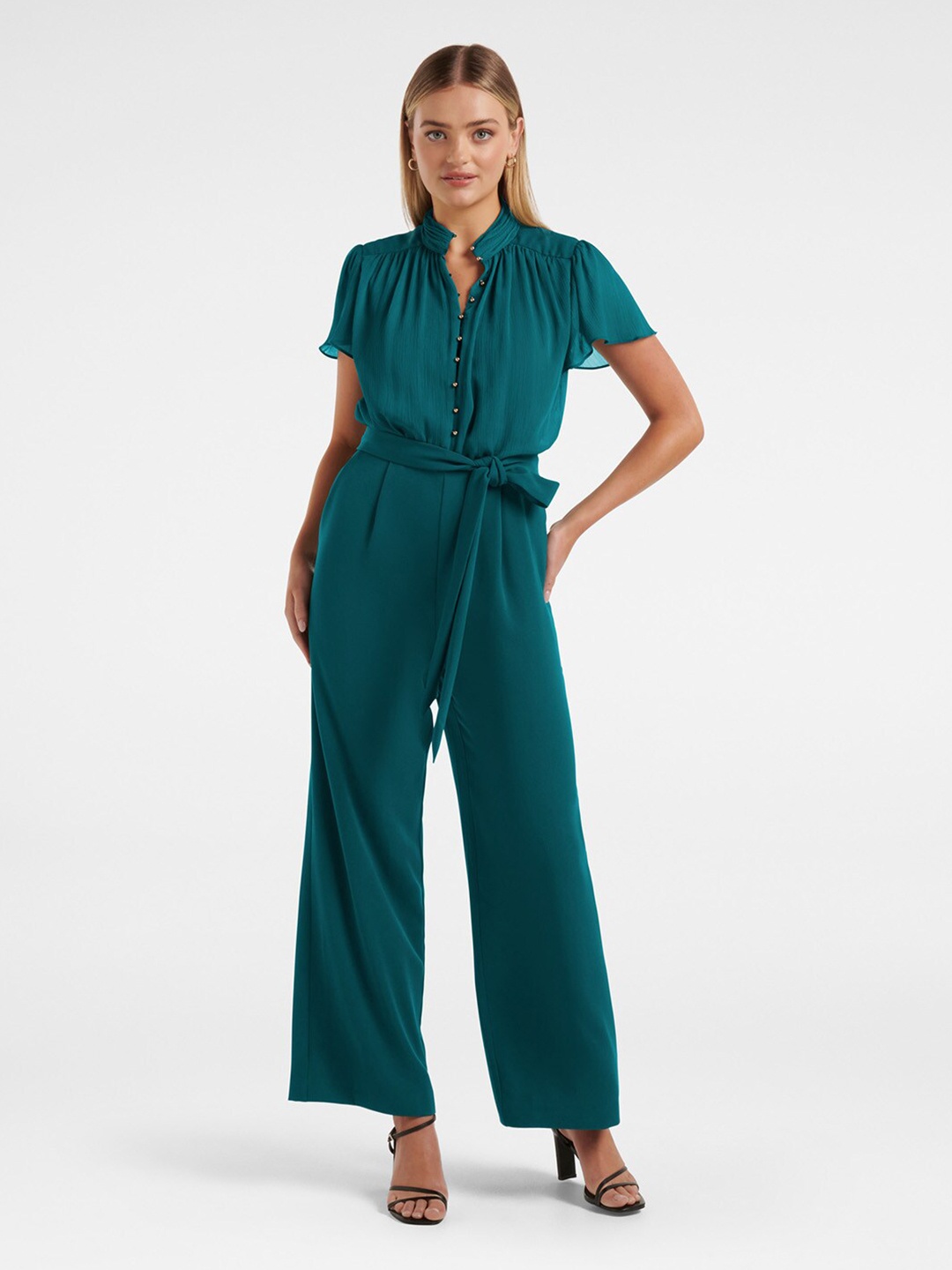 

Forever New Flutter Sleeves High Neck Waist Tie-Up Basic Jumpsuit, Green