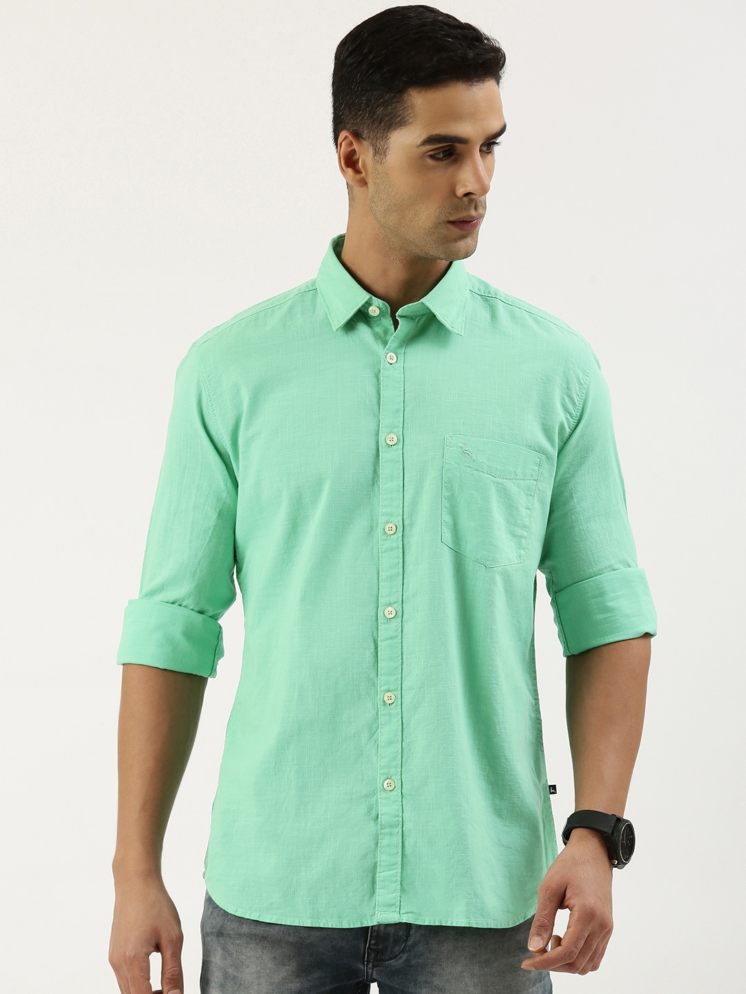 

Parx Pure Cotton Slim Fit Casual Shirt, Green