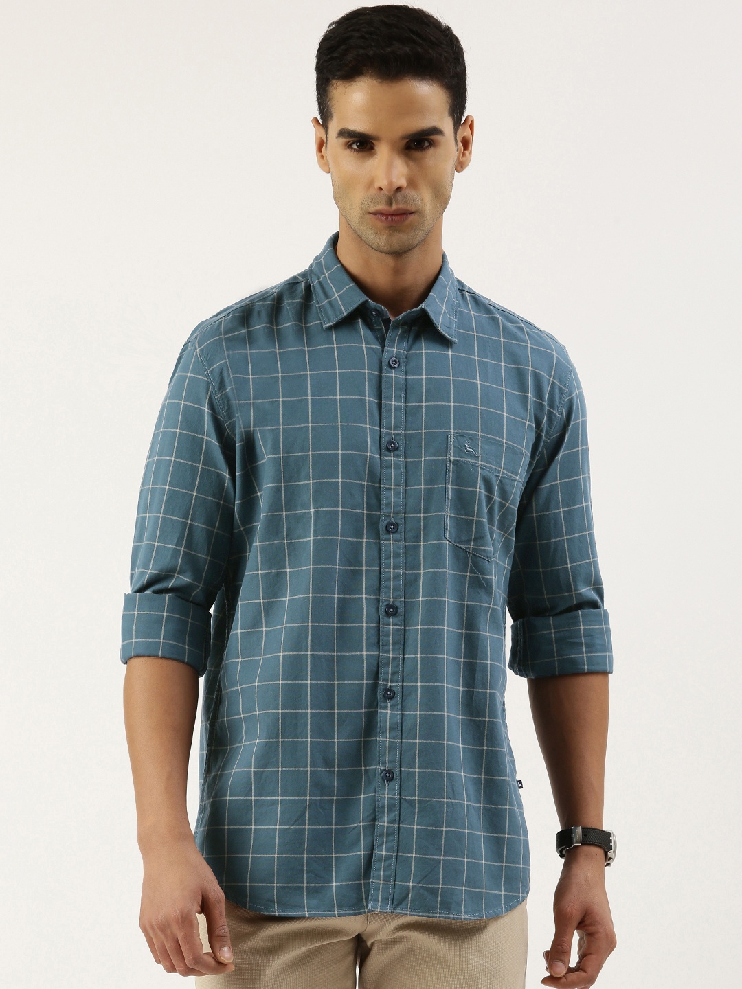 

Parx Men Pure Cotton Slim Fit Windowpane Checks Opaque Casual Shirt, Teal