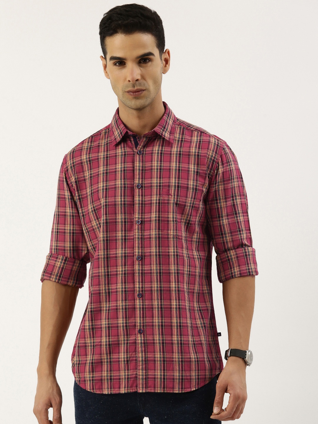 

Parx Slim Fit Checked Pure Cotton Casual Shirt, Red