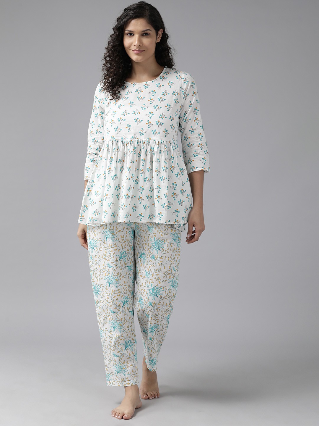 

Prakrti Women Printed Pure Cotton Night suit, White