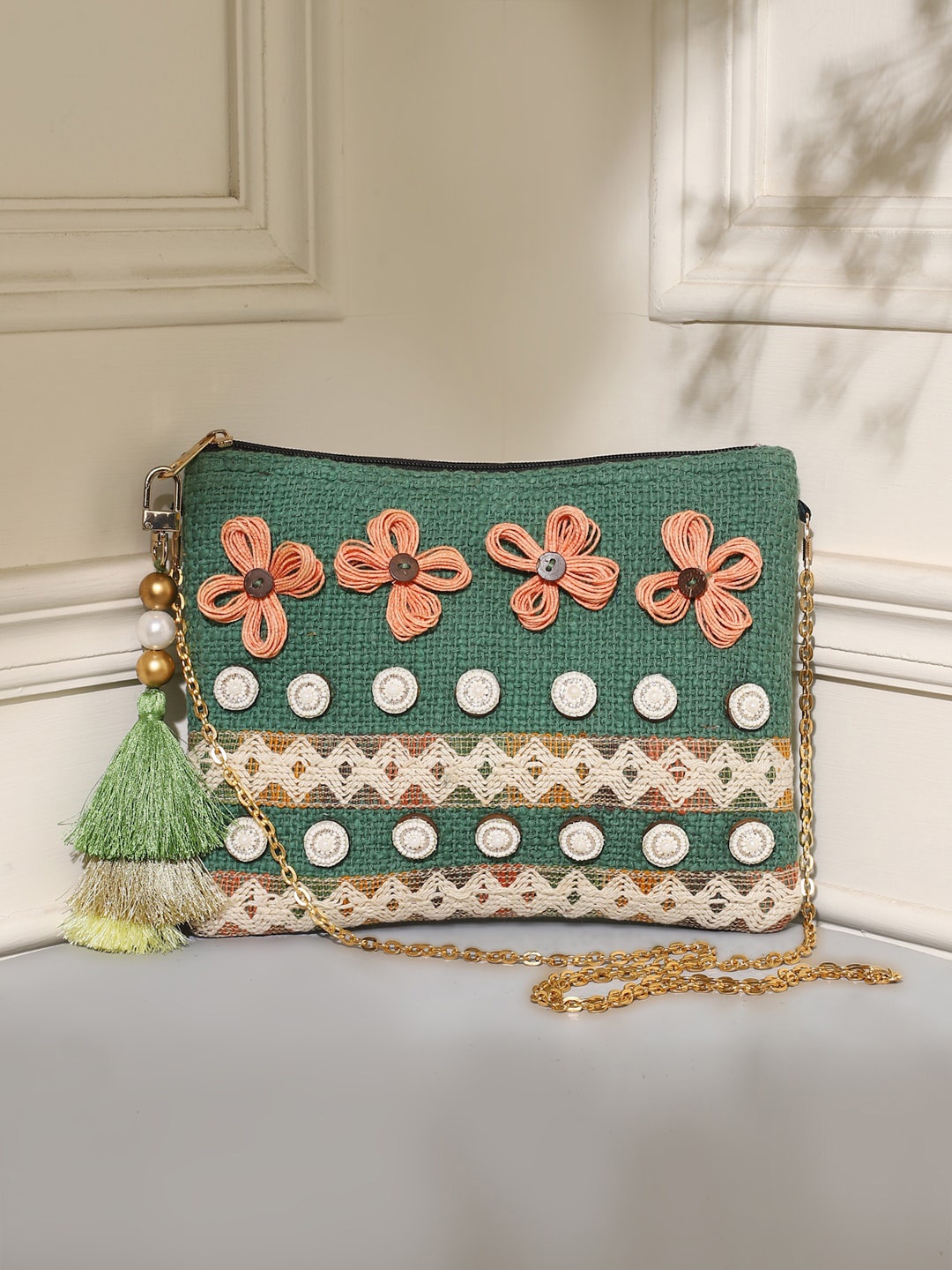 

DEEBACO Floral Self Design Small Structured Sling Bag, Green