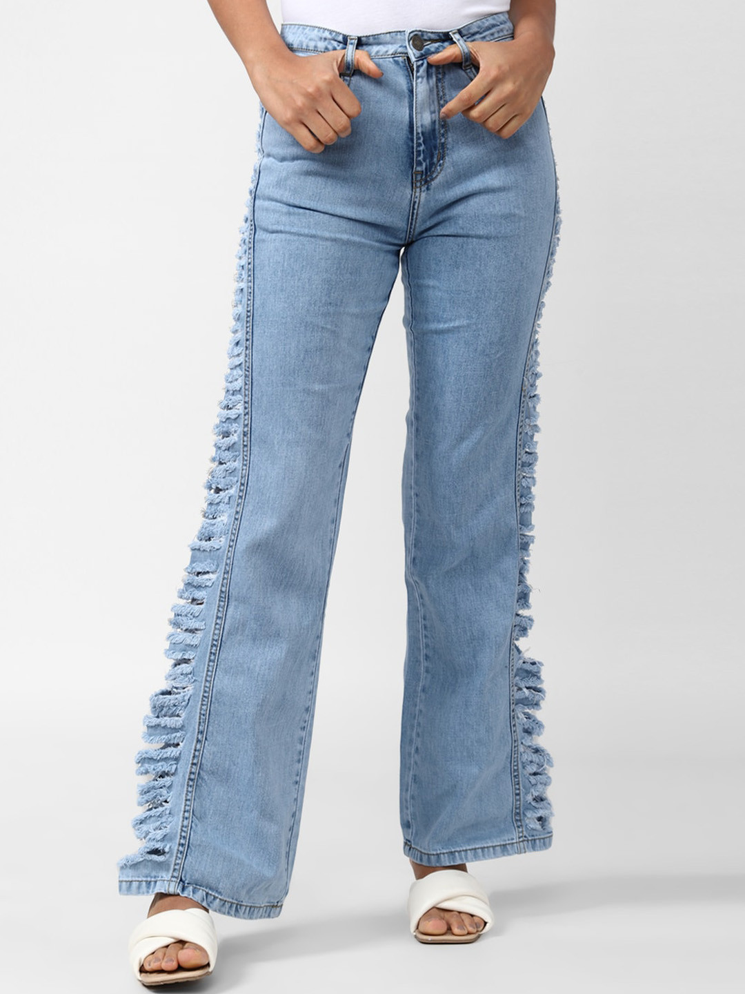 

FOREVER 21 Women Mid-Rise Straight Fit Ankle Length Highly Distressed Jeans, Blue
